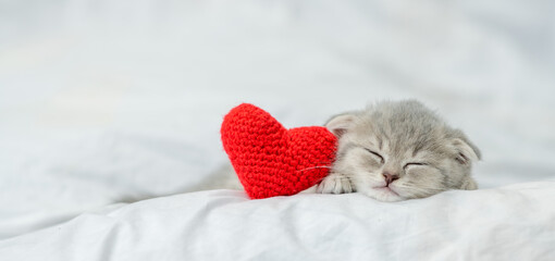 Sleepy kitten lies with red heart on a bed under blanket. Valentines day concept. Empty space for text © Ermolaev Alexandr