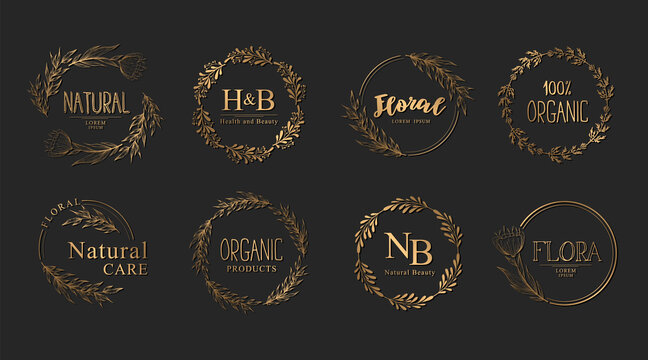 Vector Collection of gold hand drawn floral logo templates with branches and flowers isolated on black background. Elegant design concept with wreaths, frames and borders
