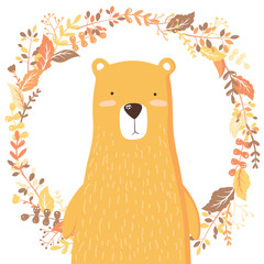 Vector illustration with cute hand drawn bear character and floral wreath isolated on white background. Design for print, fabric, wallpaper, card, baby shower
