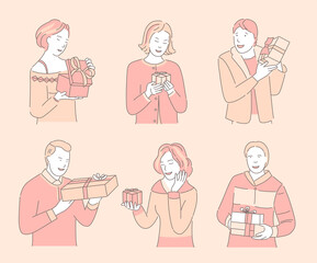 Set of different people with gifts. Collection of various man and woman with gift box. Characters holding and open present. Male and female reaction to surprise. Line art style, vector illustration