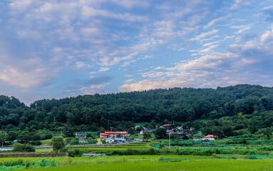 Farming community under a blue sky filled with puffy white clouds.