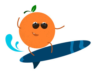 cheerful tanned orange in surfing on the waves. Active summer vacation at sea. Vector in cartoon style