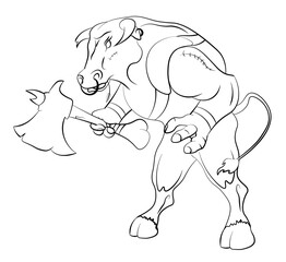 minotaur bull has prepared for battle and is holding a huge ax. Legendary monsters. Mythology of ancient Greece. Illustration for coloring on a white background