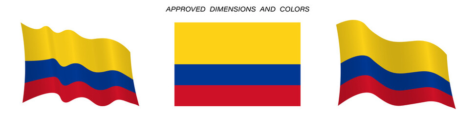 Colombia flag in static position and in motion, developing in the wind in exact colors and sizes, on a white background