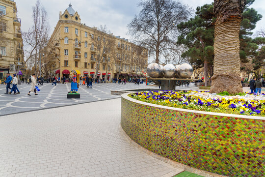 Flower bed on Fountain square in center of city Baku. Azerbaijan
