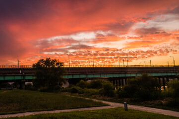 Golden sunset over a rural area park