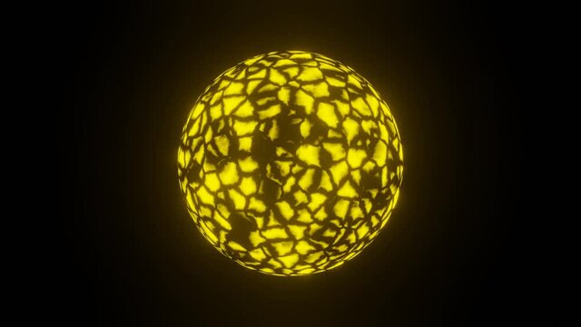 HD video of a 3d render yellow plasma or fire sphere or circle isolated on black background seamless loop animation. Full 360 degrees rotation of energy ball.