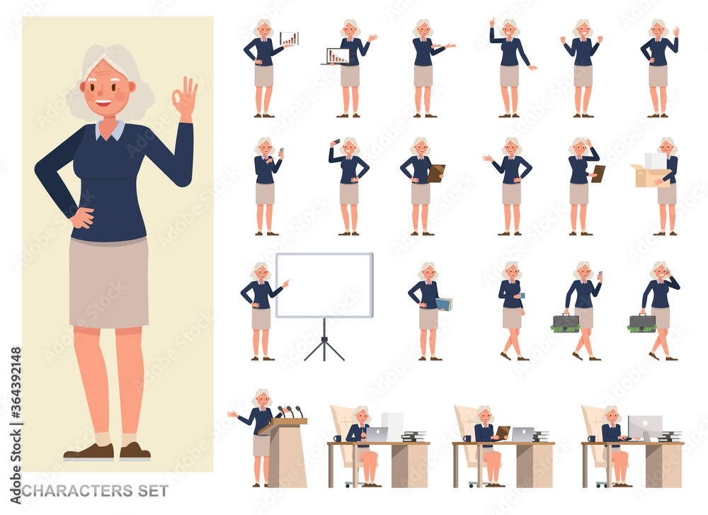 Wall mural set of business woman character vector design. girl working in office. presentation in various actio