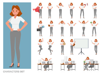 Set of business Woman character vector design. Girl working in office. Presentation in various action with emotions, running, standing and walking.
