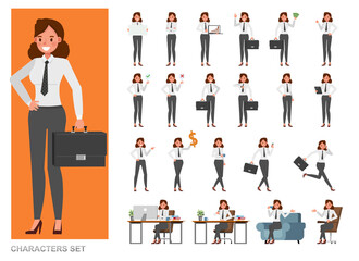 Set of business Woman character vector design. Girl working in office. Presentation in various action with emotions, running, standing and walking.