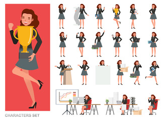 Set of business Woman character vector design. Girl working in office. Presentation in various action with emotions, running, standing and walking.