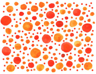 Abstract colorful background of gouache yellow orange red circles spots, dots, and suns. Children, sketch, doodle, hand drawn