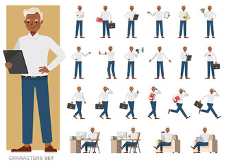 Set of businessman character vector design. Presentation in various action with emotions, running, standing and walking. People working in office planning, thinking and economic analysis.