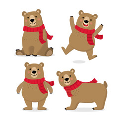 Cute big brown bear wear red scarf in winter season. Animal wildlife cartoon character. -Vector