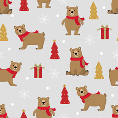 Cute brown bear and Christmas tree seamless pattern. Holidays background and banners. Animal wildlife cartoon character in winter.