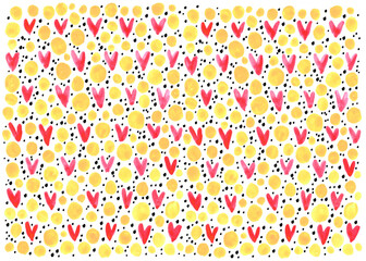 Abstract background with hearts stains and circles. Brush strokes watercolor, paint spots. Children, sketch, doodle, hand drawn