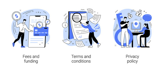 Website information page abstract concept vector illustration set. Fees and funding, terms and conditions, privacy policy, service cost, subscription fee, website menu bar, UI, UX abstract metaphor.