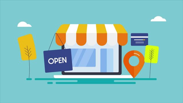 Online shopping store on laptop screen. Ecommerce business website shopping by credit card. Digital payment system with location based delivery. Cartoon style, 2d animation, 4k video clip.