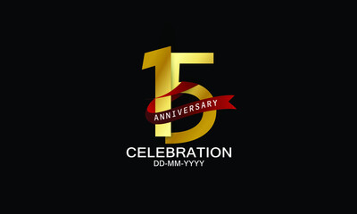 15 year anniversary red ribbon celebration logotype. anniversary logo with Red text and Spark light gold color isolated on black background, design for celebration, invitation - vector