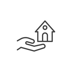 Fototapeta na wymiar Hand and house line icon. linear style sign for mobile concept and web design. Property insurance, real estate outline vector icon. Symbol, logo illustration. Vector graphics