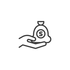 Hand and money bag line icon. Salary earning linear style sign for mobile concept and web design. Money investment outline vector icon. Symbol, logo illustration. Vector graphics