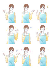 エプロンを着てマスクを付けた若い女性の表情セット