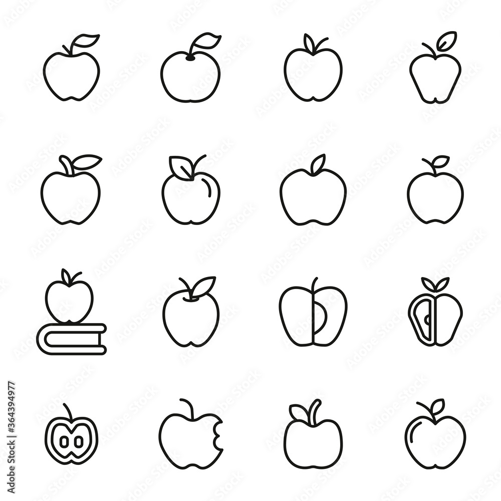 Poster set of apple related vector line icons.