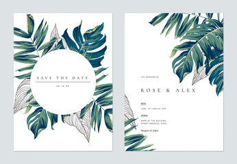 Botanical wedding invitation card template design, hand drawn tropical leaves on white