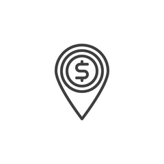 Bank location pin line icon. linear style sign for mobile concept and web design. Map pointer with dollar sign outline vector icon. Symbol, logo illustration. Vector graphics