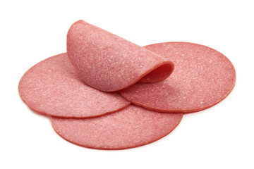Salami smoked sausage slices, isolated on white background