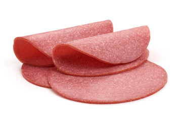 Salami sausage slices, isolated on white background