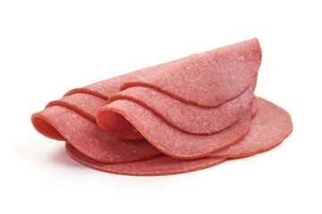 Salami sausage slices, isolated on white background