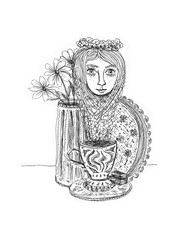 drawing of a female head, a jug of flowers, a cup of tea and a tray