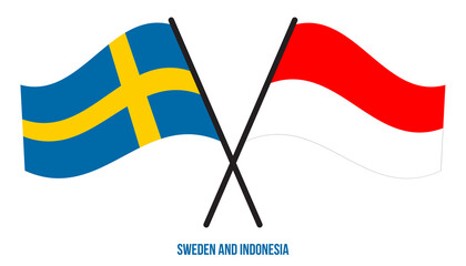 Sweden and Indonesia Flags Crossed And Waving Flat Style. Official Proportion. Correct Colors.