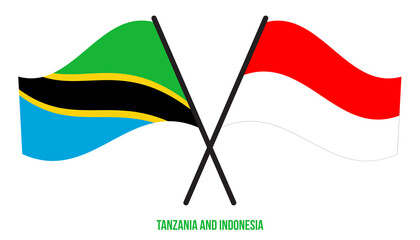 Tanzania and Indonesia Flags Crossed And Waving Flat Style. Official Proportion. Correct Colors.