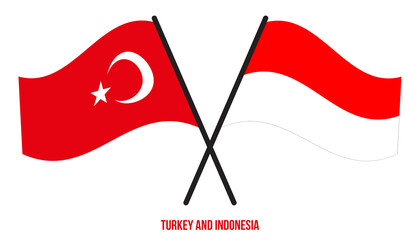 Turkey and Indonesia Flags Crossed And Waving Flat Style. Official Proportion. Correct Colors.
