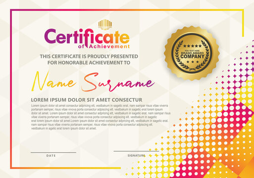 Modern certificate template with diagonal halftone ornament on background. vector illustration