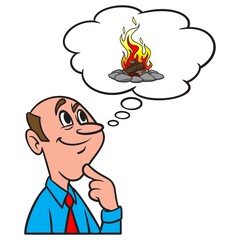 Thinking about a Campfire - A cartoon illustration of a man thinking about Campfire safety.
