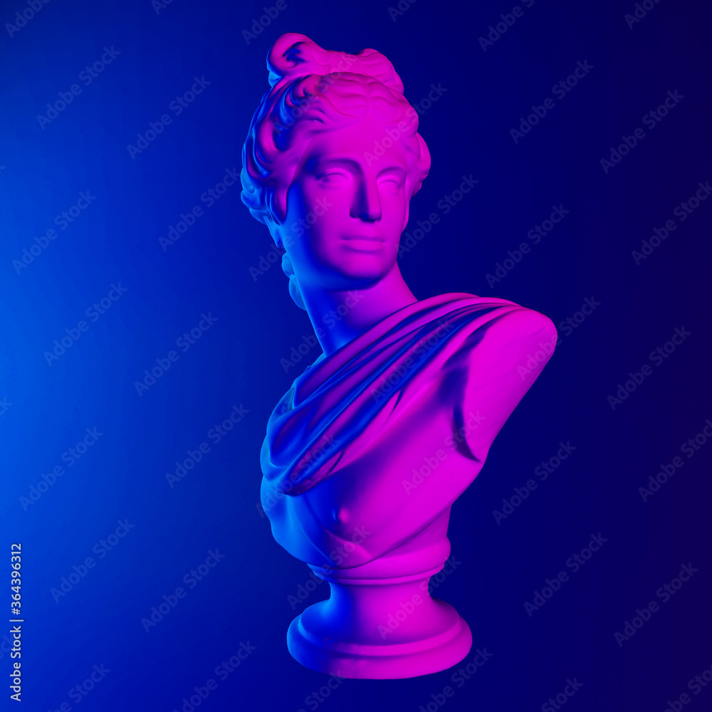 Poster 3d rendering of apollo belvedere statue in neon pink and blue lightning. classical sculpture in vapo