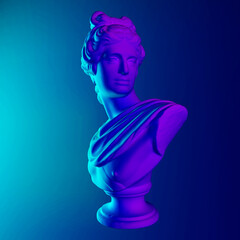 3D rendering of Apollo Belvedere statue in neon pink and blue lightning. Classical sculpture in vaporwave retrofuturistic aesthetics style.