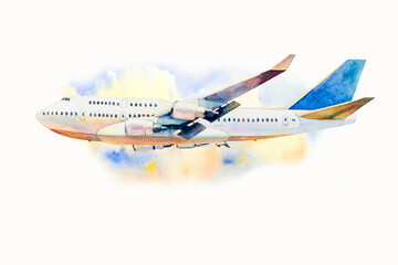 Watercolor painting isolated colorful airplane on sky. © Painterstock