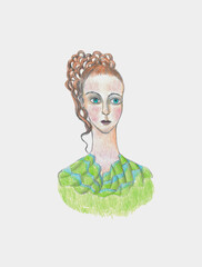 drawing of a young girl with curly hair and bright green eyes