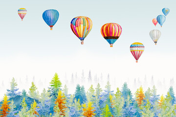 Obraz premium Watercolor painting colorful ballooning on forest mountain.
