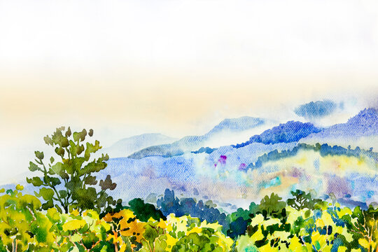 Watercolor landscape paintings colorful mountain range and sky cloud in abstract background