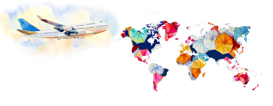  Airplane and world map in abstract watercolor style.
