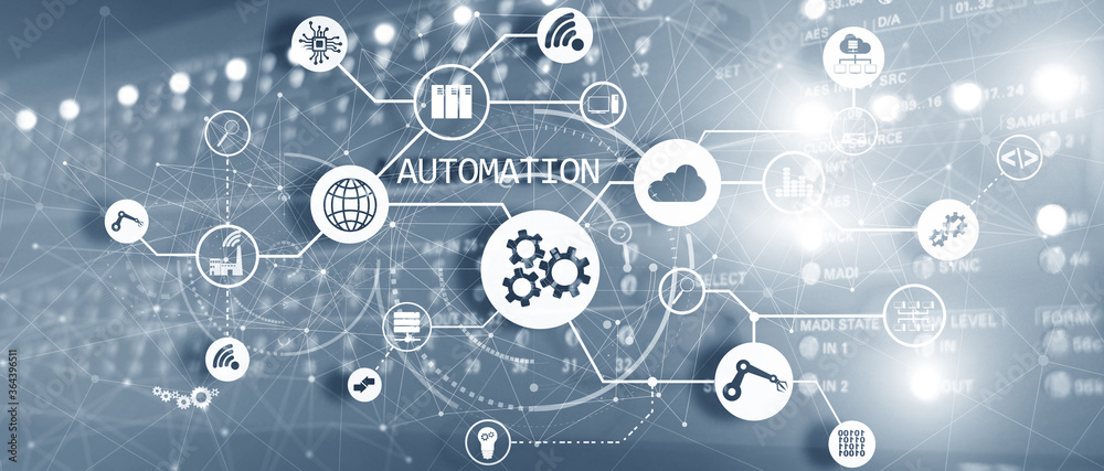 Wall mural robotic process automation on blurred big data center. panoramic horizontal photo.