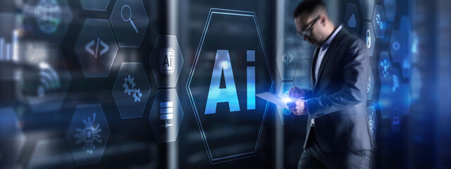 Artificial intelligence concept with businessman on blurred data center background.