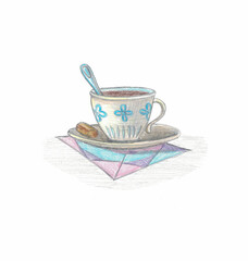 cup of coffee on a napkin with a small spoon