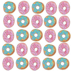 collage of colorful pink and blue donuts