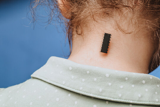 Identification chip and data implanted in a girl. A concept for future technologies aimed at tracking and identifying people. Restriction of freedom.